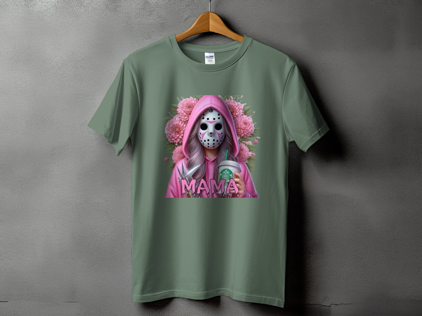 Green t-shirt with a graphic of a person in a hockey mask holding a Starbucks cup.