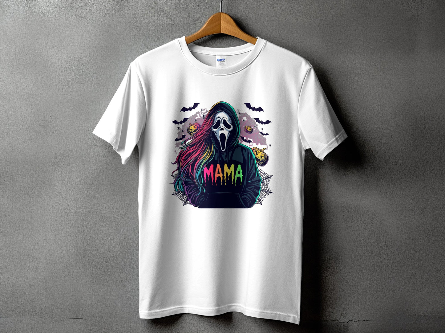 White t-shirt with ghost mask, colorful hair, and "Mama" text graphic.