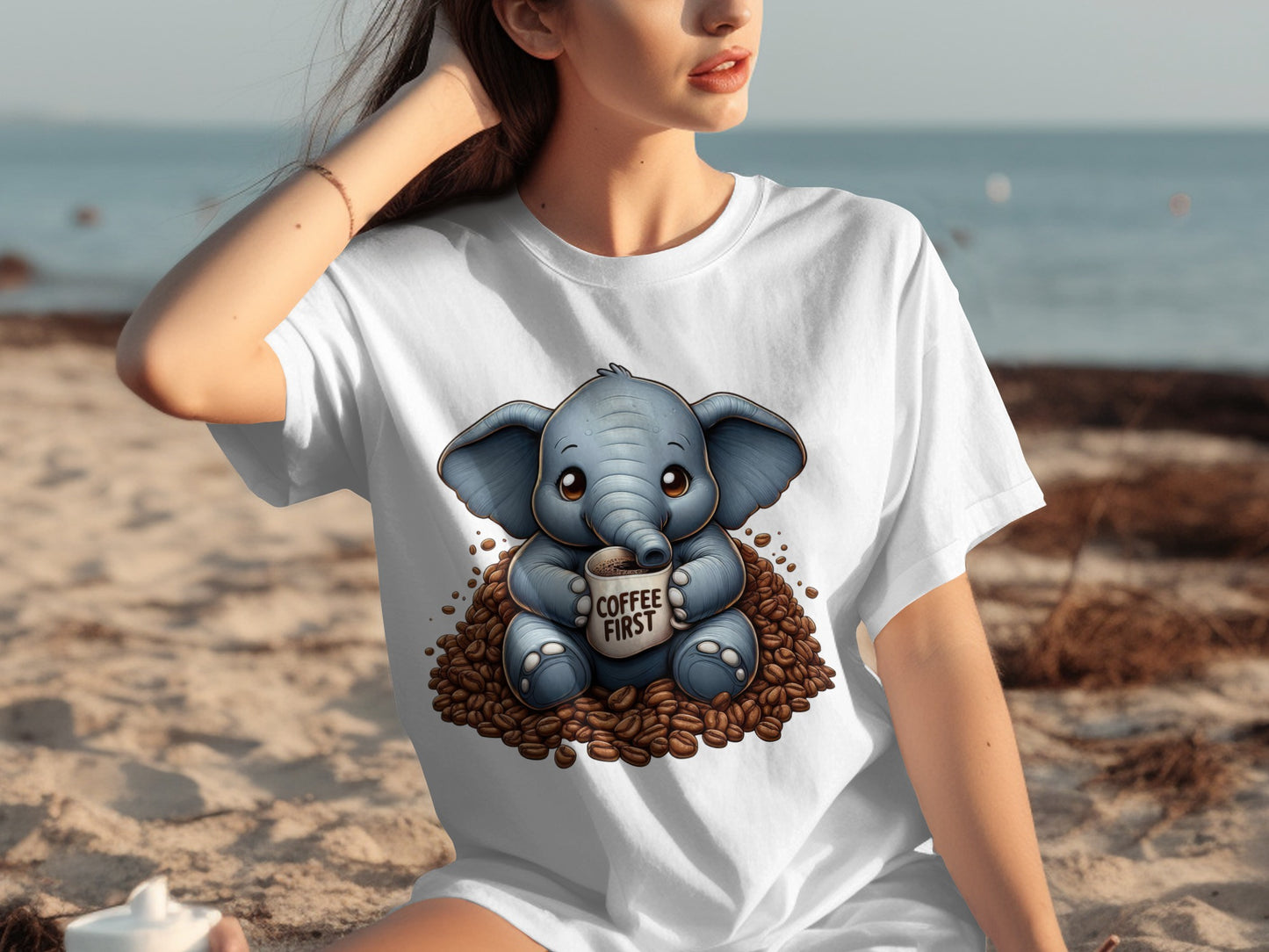 Cute Elephant Drinking Coffee Cartoon Graphic T-shirt