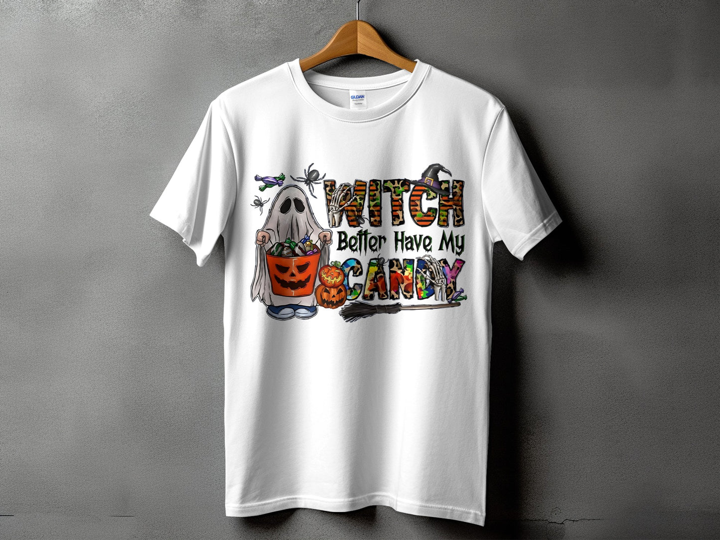 White t-shirt with Halloween graphic: "Witch Better Have My Candy" and character illustrations.
