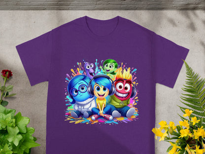 Inside Out characters Riley, Joy, Sadness, Fear, Anger, and Disgust seated together.
