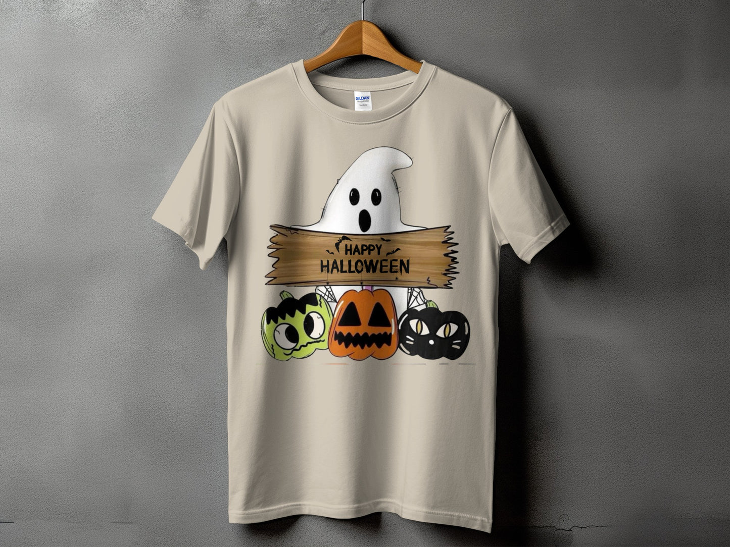 T-shirt with a ghost, pumpkins, and "Happy Halloween" text.