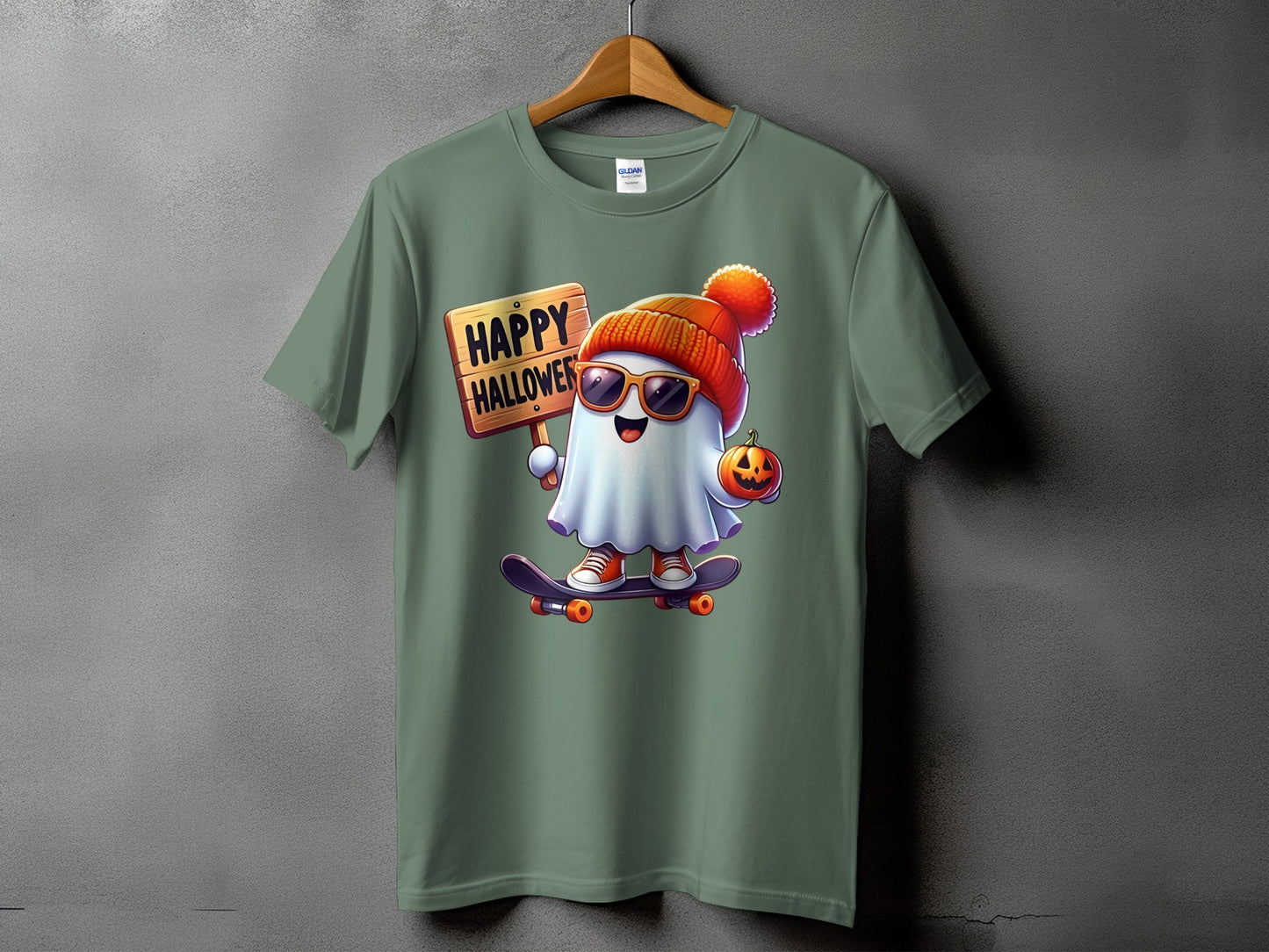 Green t-shirt with cartoon ghost on skateboard holding "Happy Halloween" sign.