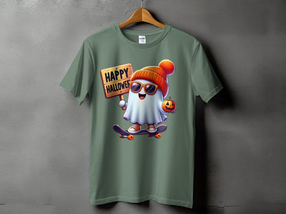 Green t-shirt with cartoon ghost on skateboard holding "Happy Halloween" sign.