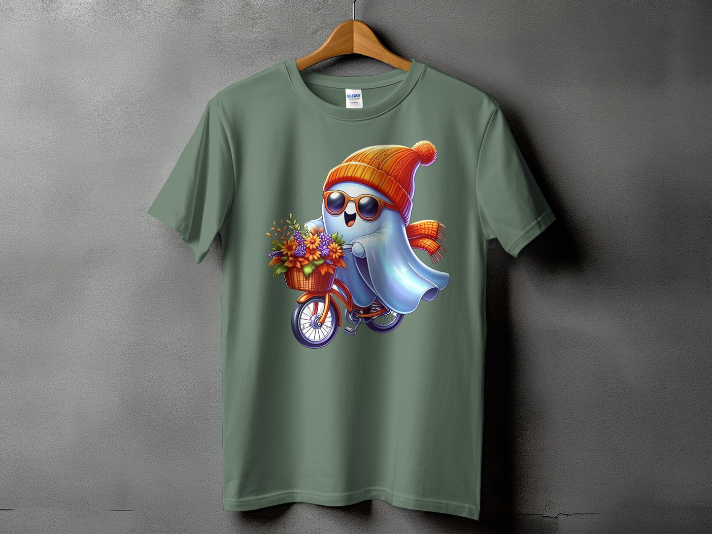 Ghost riding a bicycle with a basket of flowers, wearing hat and scarf.