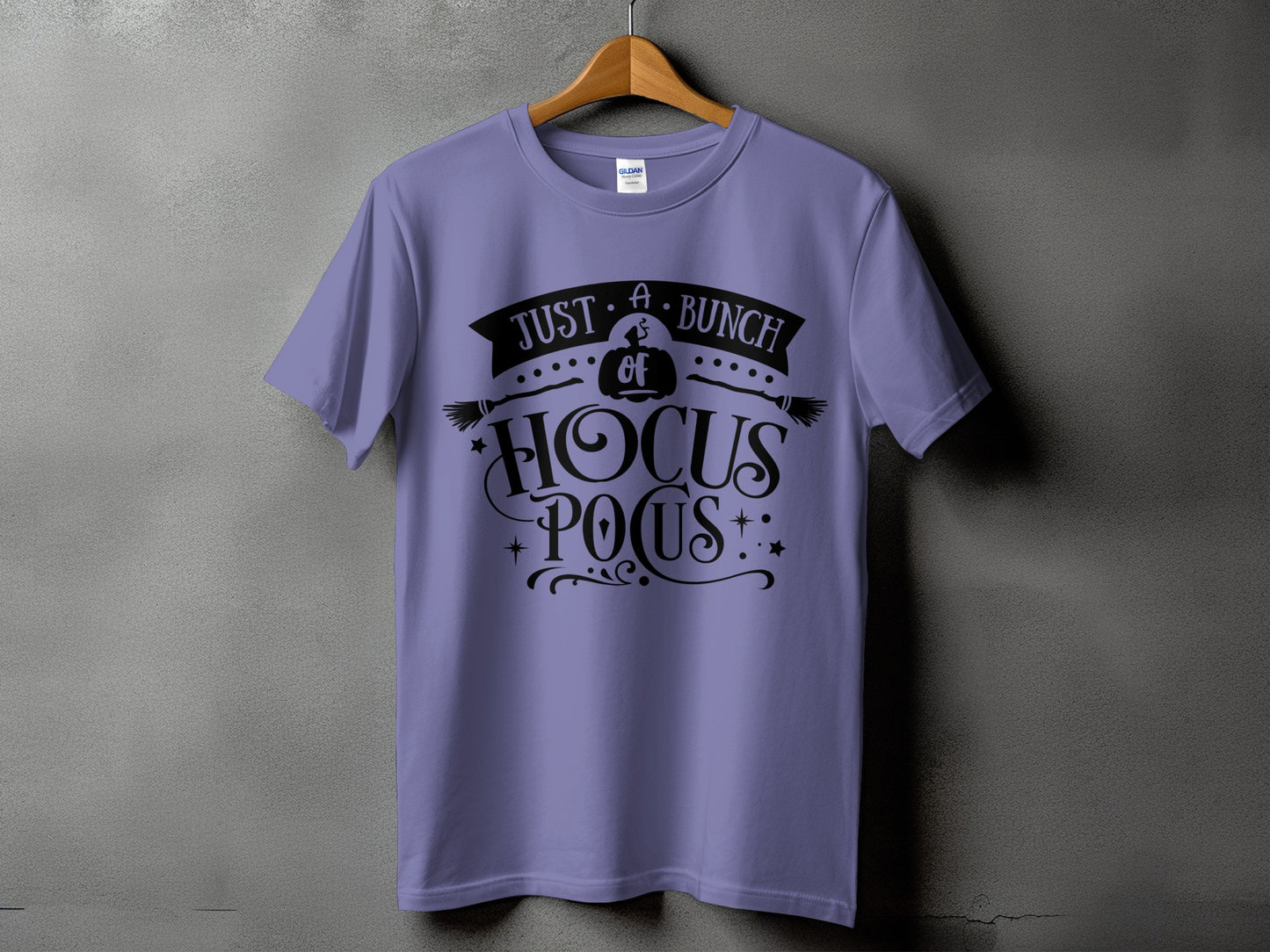 Purple t-shirt with black "Just A Bunch Of Hocus Pocus" Halloween graphic.
