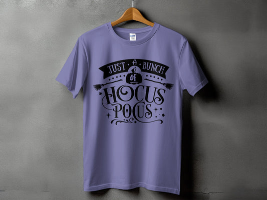 Purple t-shirt with black "Just A Bunch Of Hocus Pocus" Halloween graphic.