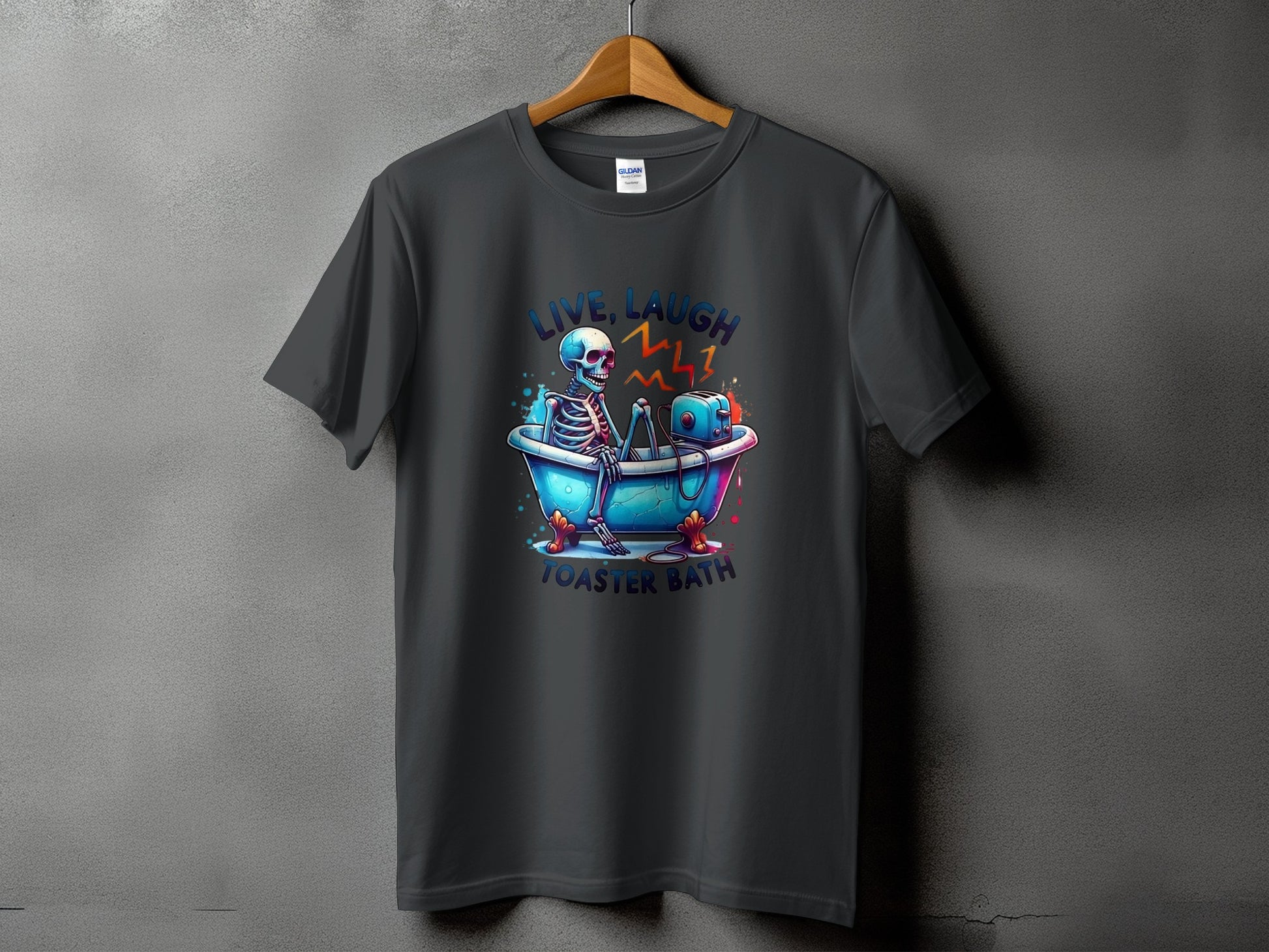 Skeleton in bathtub with toaster, "Live Laugh Toaster Bath" text.