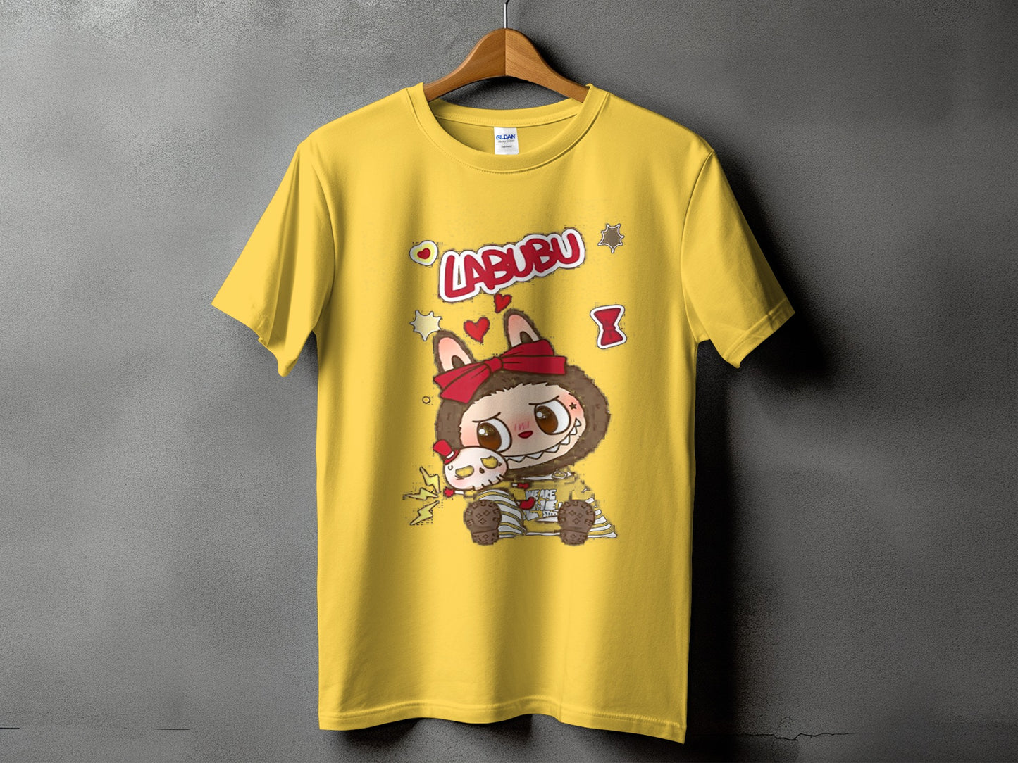 Yellow t-shirt with "LABUBU" text and cartoon character graphic.