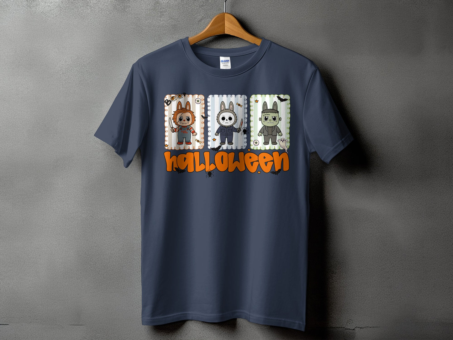 Navy t-shirt with cartoon Halloween characters and the word "Halloween."