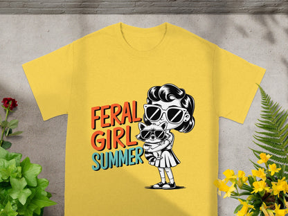 Feral Girl Summer T-Shirt with Sunglasses Graphic Design