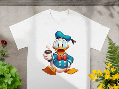 White t-shirt featuring cartoon Donald Duck holding a coffee cup.