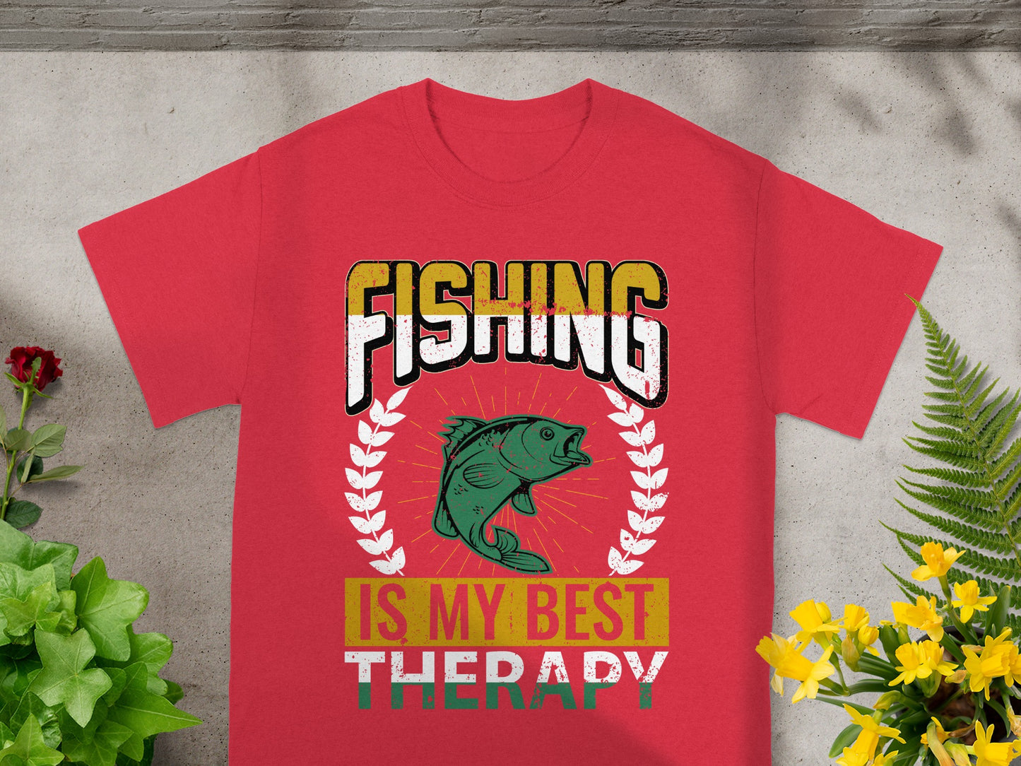 Red t-shirt with graphic "FISHING IS MY BEST THERAPY" and a fish.