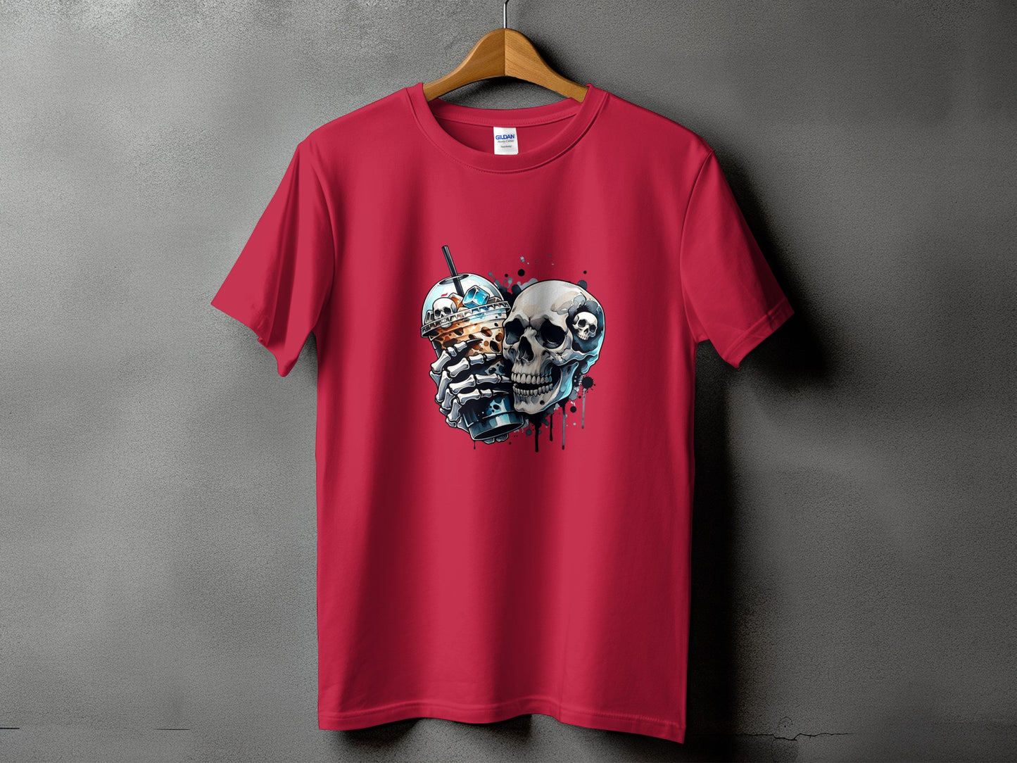 Red t-shirt with a graphic of a skeleton holding a coffee drink and a skull.