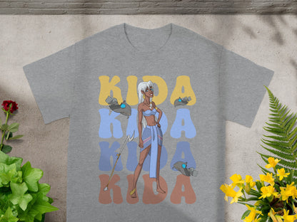Kida in blue and gold dress with Kida text on grey t-shirt.